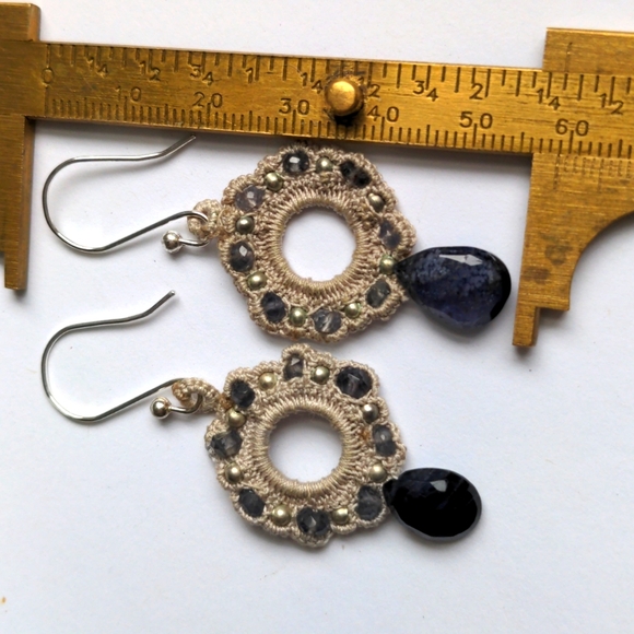 New Hand crocheted Amethyst earrings.  Small gems & silver beads.  Thailand. - Picture 3 of 4
